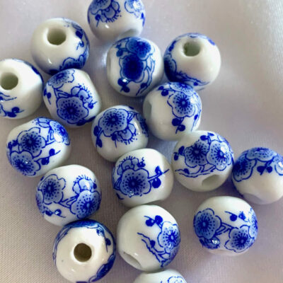 12mm Blue Cherry Blossom Round Ceramic Bead