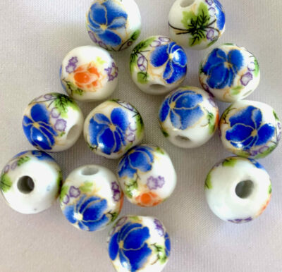 10mm Blue Floral Round Ceramic Bead