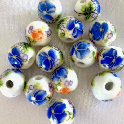 10mm Blue Floral Round Ceramic Bead