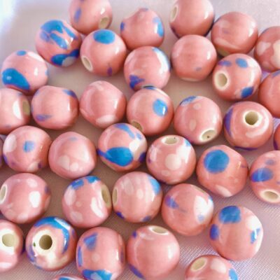 10mm Pink with Blue White Speckle Round Ceramic Bead