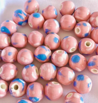 10mm Pink with Blue White Speckle Round Ceramic Bead