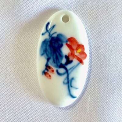 Hand Painted Red Hibiscus Oval Ceramic Pendant