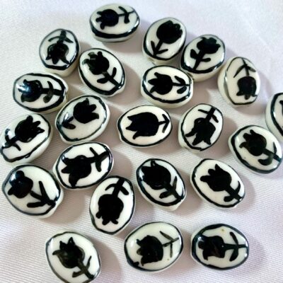 Hand Painted Black Tulip Oval Flat Ceramic Bead