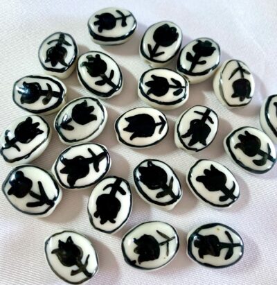 Hand Painted Black Tulip Oval Flat Ceramic Bead