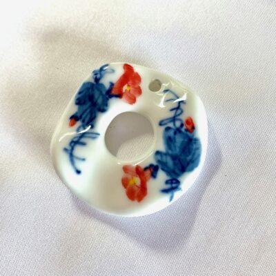 Hand Painted Twin Hibiscus Floral Focal Round Donut Shaped Ceramic Pendant (Large)