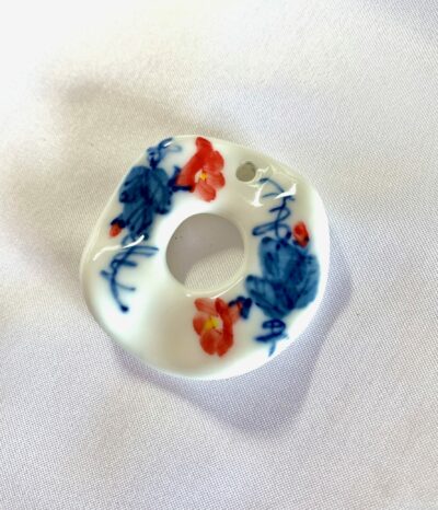 Hand Painted Twin Hibiscus Floral Focal Round Donut Shaped Ceramic Pendant (Large)