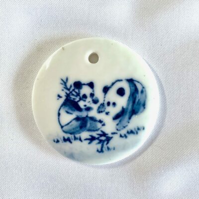 Hand Painted Panda & Bamboo Delft Blue Ceramic Round Focal Pendant (Large)