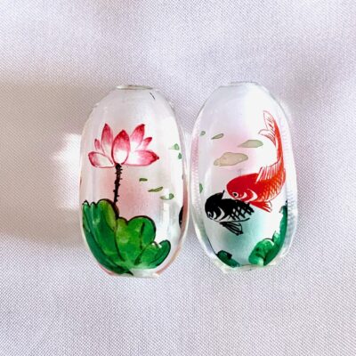 Twin Red & Black Koi Fish Lotus Flower Chinese Inner Painted Handmade Glass Bead