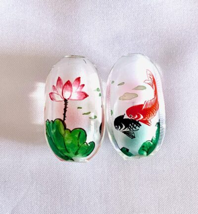 Twin Red & Black Koi Fish Lotus Flower Chinese Inner Painted Handmade Glass Bead