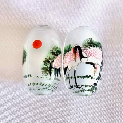 Twin Crane Stork Bird Chinese Inner Painted Handmade Glass Bead