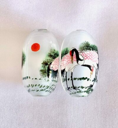 Twin Crane Stork Bird Chinese Inner Painted Handmade Glass Bead