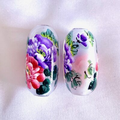 Pink & Purple Peony Floral Chinese Inside Painting Handmade Glass Bead