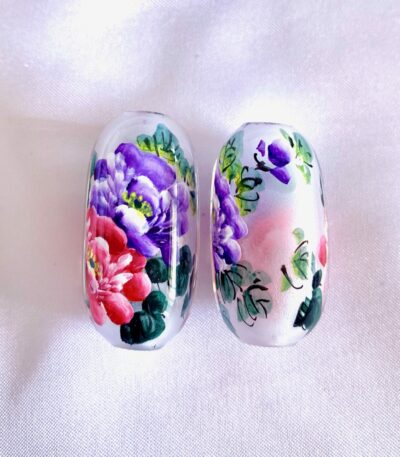 Pink & Purple Peony Floral Chinese Inside Painting Handmade Glass Bead