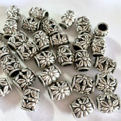 Antique Silver Daisy Floral Filigree Metal Barrel Large Hole Spacer Bead