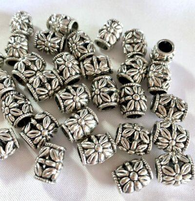 Antique Silver Daisy Floral Filigree Metal Barrel Large Hole Spacer Bead