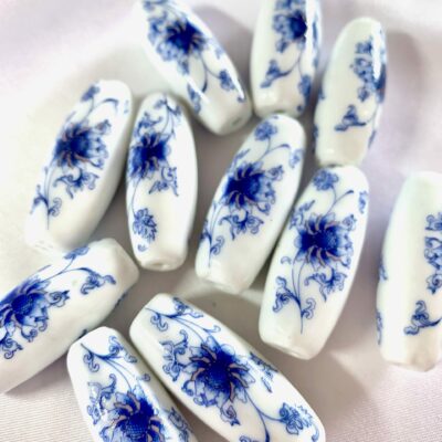 Blue Floral Folk Art Barrel Ceramic Bead (Large)