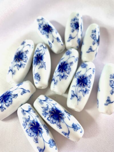 Blue Floral Folk Art Barrel Ceramic Bead (Large)