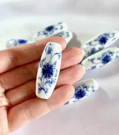 CLOSE UP Blue Floral Folk Art Barrel Ceramic Bead (Large)