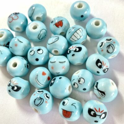 14mm Assorted Light Blue Emoji Round Ceramic Bead