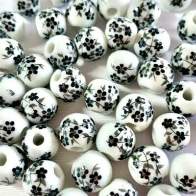 10mm Black Floral Round Ceramic Bead