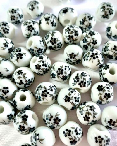 10mm Black Floral Round Ceramic Bead