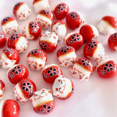 Red Lucky Cat Ceramic Bead