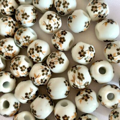 10mm Brown Floral Round Ceramic Bead