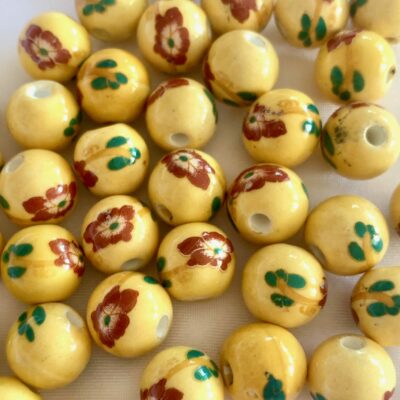 12mm Yellow Red Flower Round Ceramic Bead