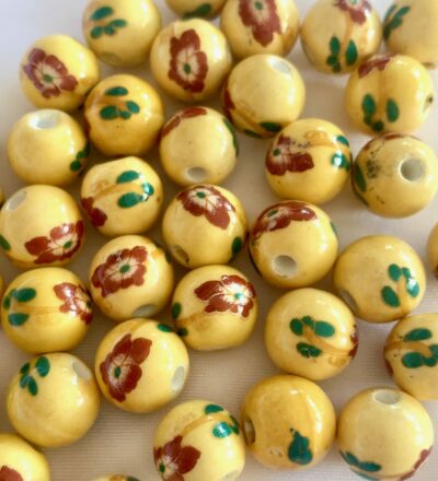 12mm Yellow Red Flower Round Ceramic Bead