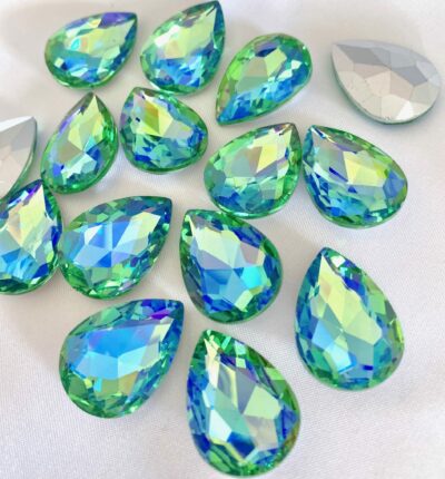 18x25mm Green AB Glass Silver Foiled Pointed Back Tear Drop Shaped Chaton