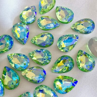 10 x 14mm Sew On Light Green AB Glass Tear Shaped Chaton with Silver Foiled Pointed Back