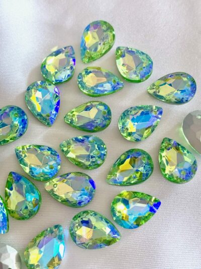 10 x 14mm Sew On Light Green AB Glass Tear Shaped Chaton with Silver Foiled Pointed Back