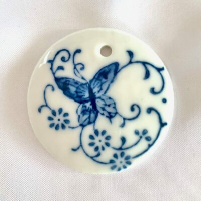 Hand Painted Blue Butterfly Floral Focal Round Ceramic Pendant (Large)