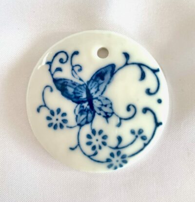 Hand Painted Blue Butterfly Floral Focal Round Ceramic Pendant (Large)