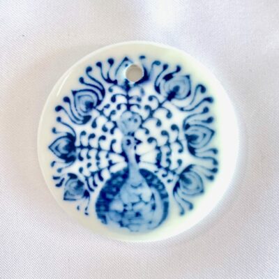 Hand Painted Delft Blue Peacock Ceramic Round Focal Pendant (Large)