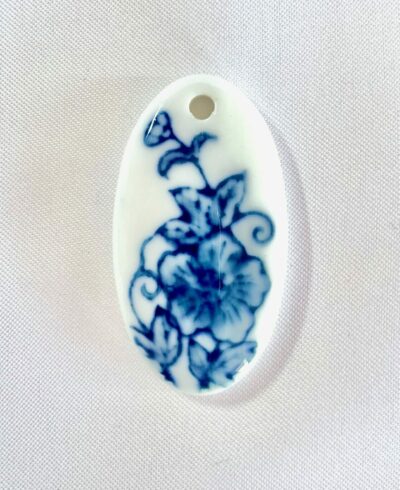 Hand Painted Blue Rose Focal Oval Ceramic Pendant