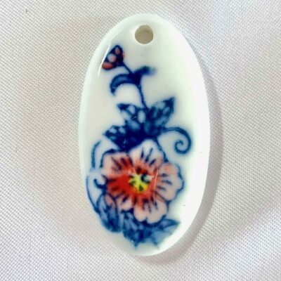 Hand Painted Red Rose Focal Oval Ceramic Pendant