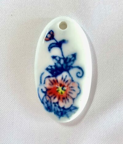 Hand Painted Red Rose Focal Oval Ceramic Pendant