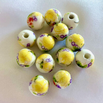 10mm Yellow Flower Round Ceramic Bead