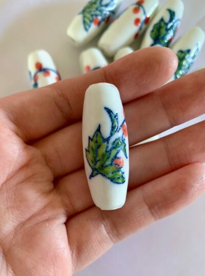 CLOSE UP Hand Painted Ceramic Red Flowering Plant Bead (Large)