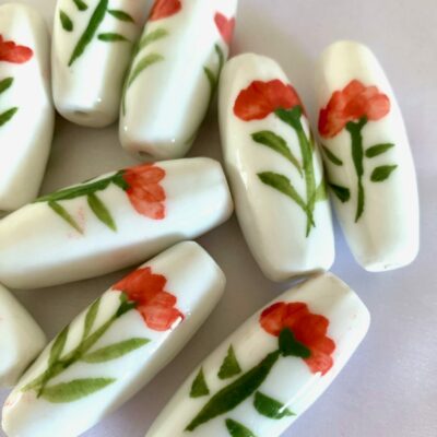 Red Carnation Hand Painted Ceramic Barrel Bead