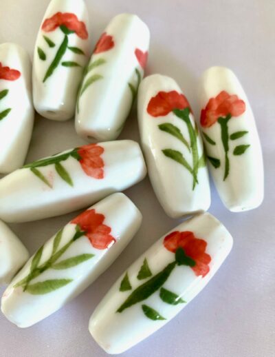 Red Carnation Hand Painted Ceramic Barrel Bead