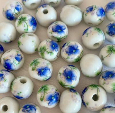 12mm Blue Flower Round Ceramic Bead