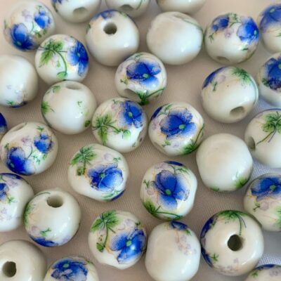 12mm Blue Flower Round Ceramic Bead