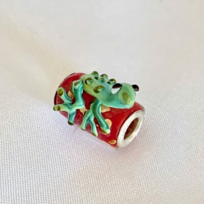 SIDE VIEW Lampwork Green Frog or Toad Red Glass Bead with 925 Silver End Caps