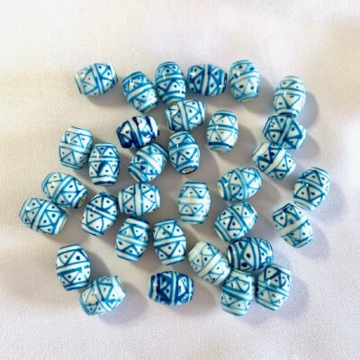 Hand Painted Light Blue Tribal Ethnic Motif Ceramic Barrel Bead