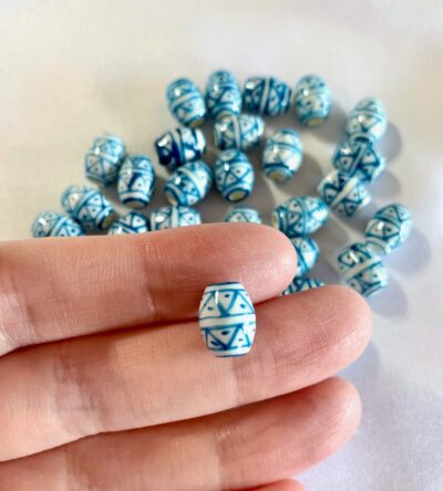 CLOSE UP Hand Painted Light Blue Tribal Ethnic Motif Ceramic Barrel Bead