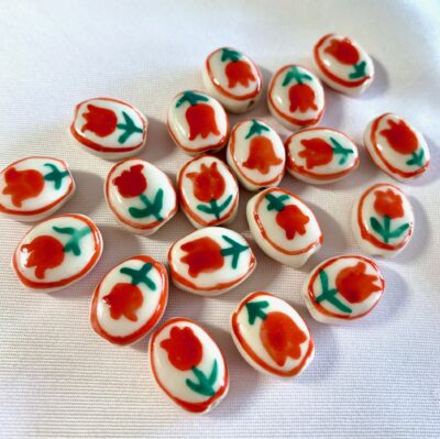 Hand Painted Red Tulip Flat Oval Ceramic Bead