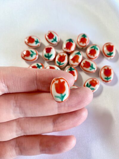 CLOSE UP Hand Painted Red Tulip Flat Oval Ceramic Bead