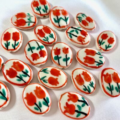 Hand Painted Double Red Tulip Flat Oval Ceramic Bead